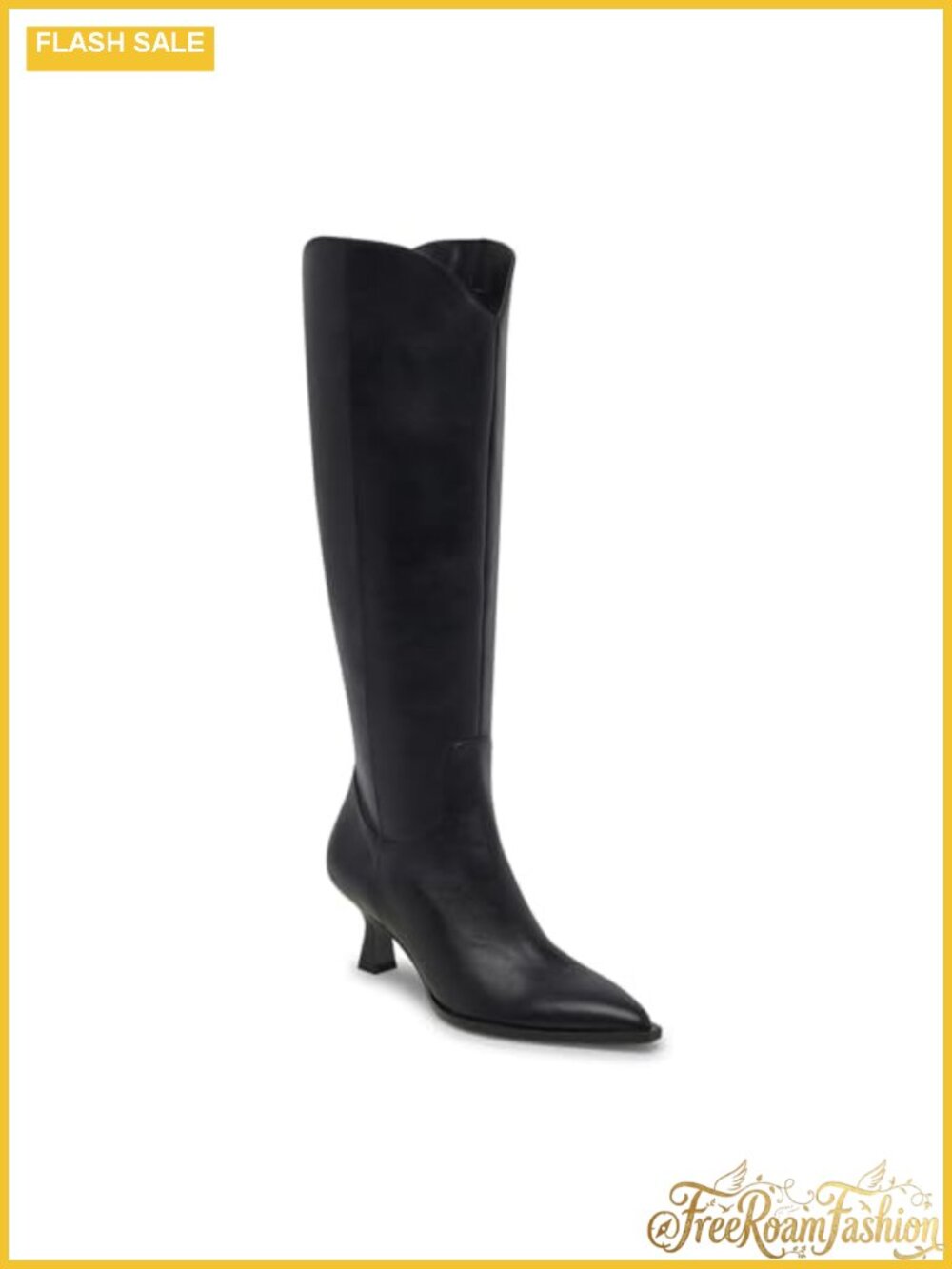 Kitten Heel Knee High Boots Pointed Toe Faux Leather Tall Wide Calf Side Zip